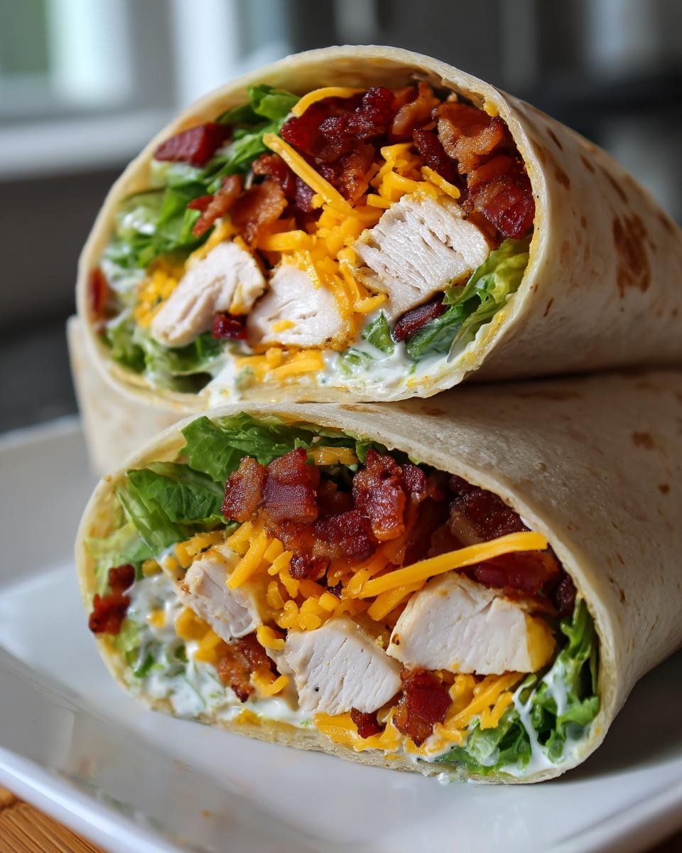 Close-up of a halved Chicken Bacon Ranch Wrap showing chunks of chicken, bacon, cheese, and ranch dressing.