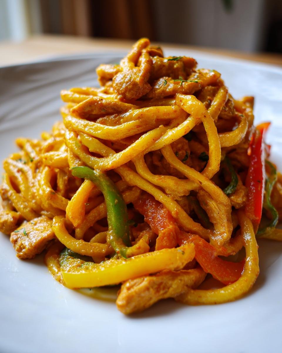 A close-up of creamy Chicken Fajita Pasta, featuring thick noodles, sliced chicken, and colorful bell peppers