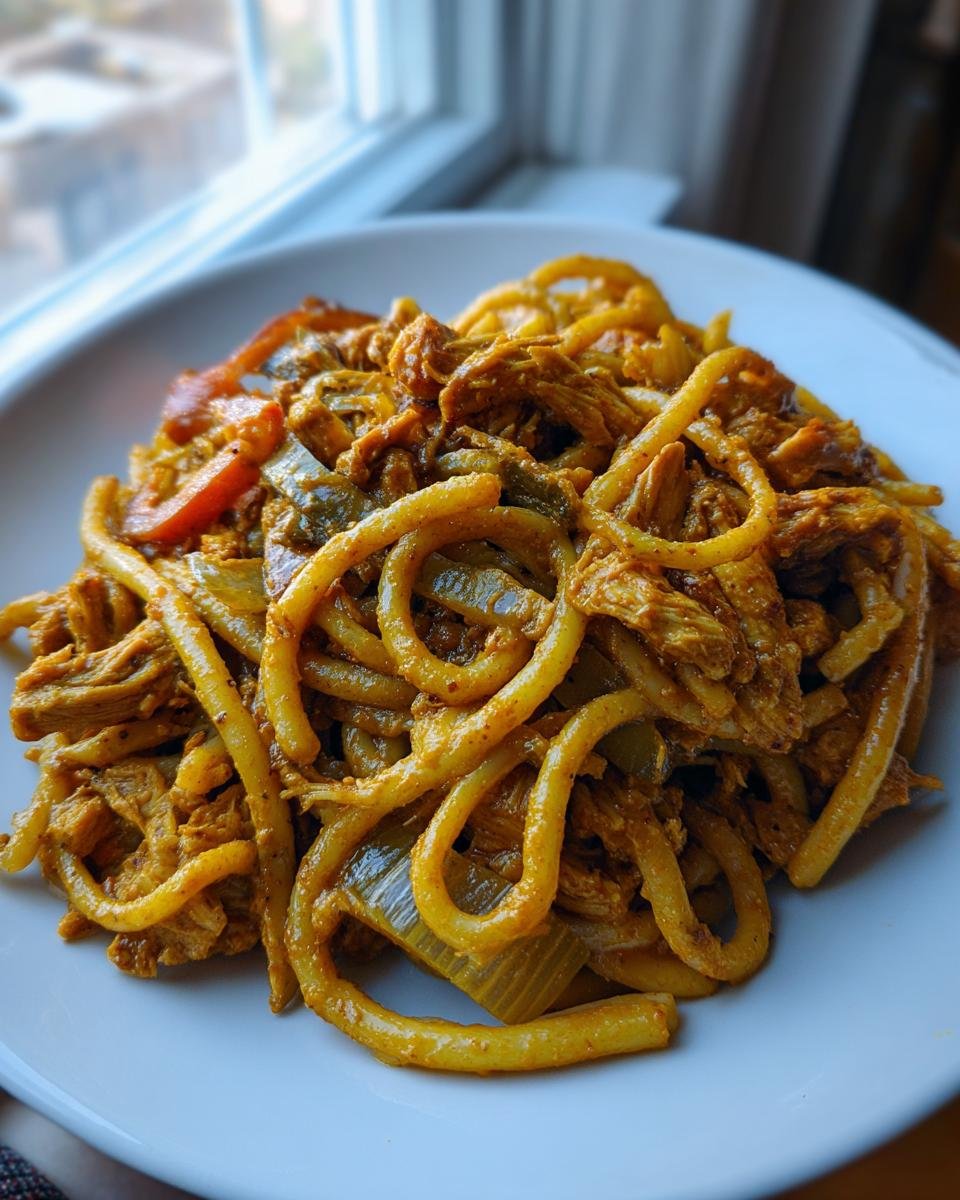 A close-up of creamy, orange-sauced Chicken Fajita Pasta with shredded chicken and bell peppers.