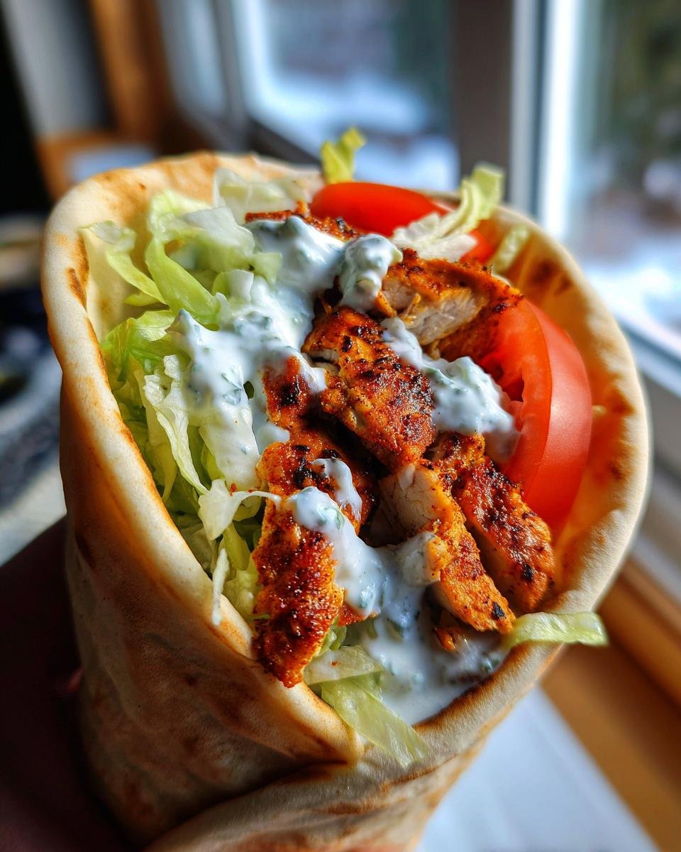 A close-up of a freshly made Chicken Gyros wrapped in pita bread with lettuce, tomato, and tzatziki sauce.
