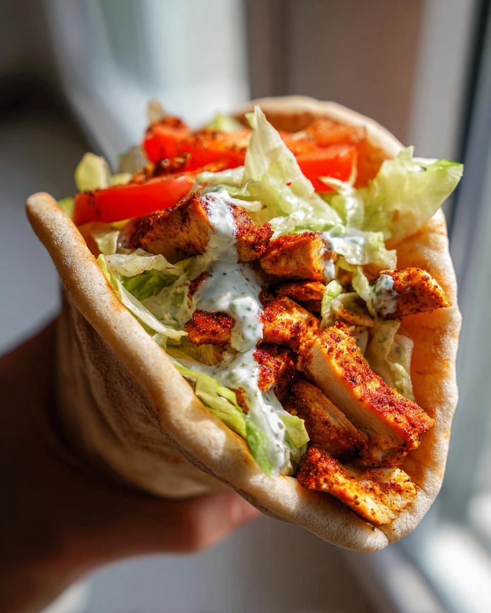 Close-up of a hand holding a pita stuffed with seasoned Chicken Gyros meat, lettuce, tomato, and tzatziki sauce.