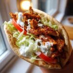 A close-up of a freshly made Chicken Gyros stuffed in pita bread with lettuce, tomato, and tzatziki sauce.