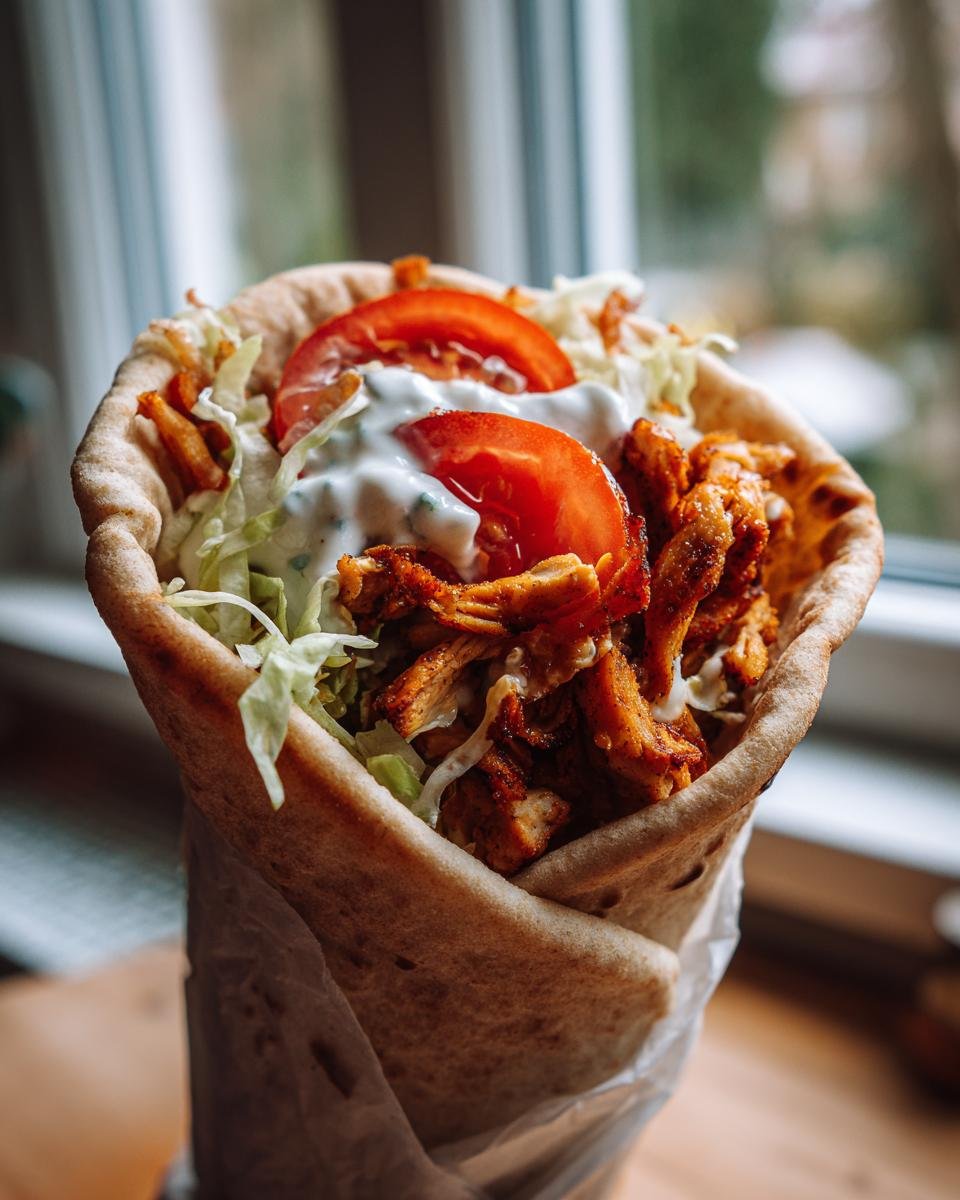 A close-up of a delicious Chicken Gyros wrapped in pita bread, filled with seasoned chicken, lettuce, tomato, and tzatziki sauce.
