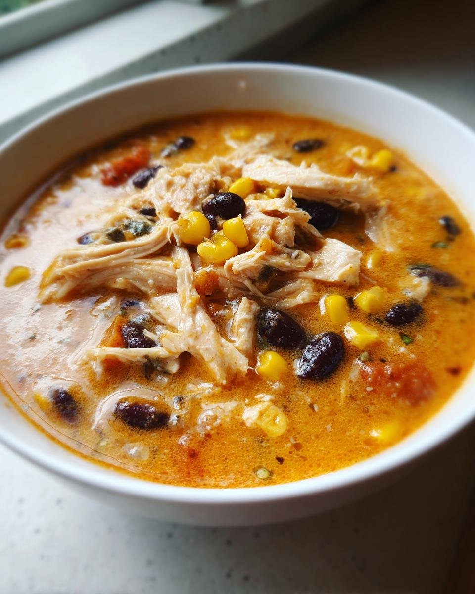 Close-up of a bowl of rich, orange-hued Chicken Taco Soup With Cream Cheese, topped with shredded chicken, black beans, and corn.