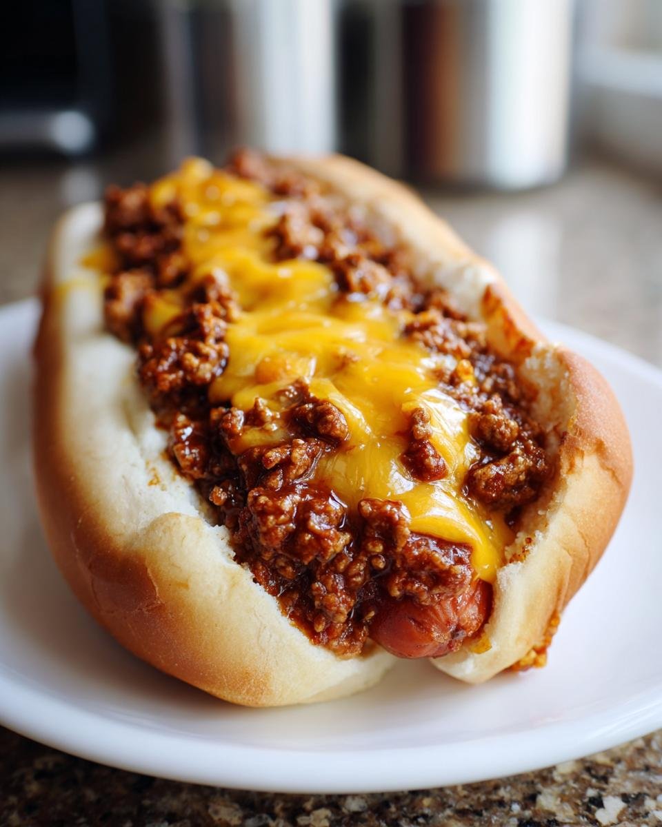 A close-up shot of a freshly made Chili Cheese Dogs smothered in meaty chili and melted cheddar cheese on a white plate.