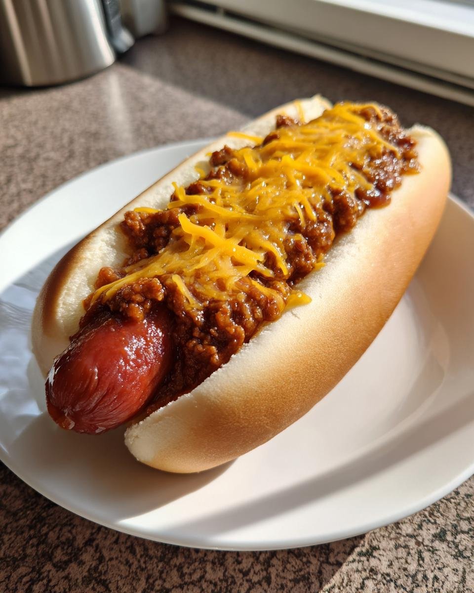 A close-up of a fully assembled Chili Cheese Dogs, featuring a plump hot dog smothered in chili and topped with melted shredded cheddar cheese.