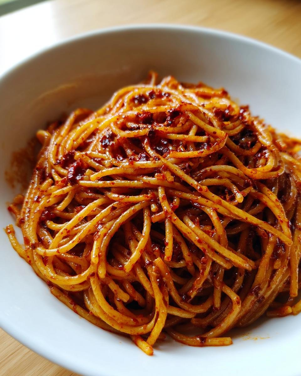 A close-up shot of perfectly coated spaghetti tossed in vibrant red chili oil, ready to eat Chili Oil Pasta.