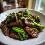 Close-up of tender slices of Chinese Beef And Broccoli coated in a rich, dark sauce, served in a white bowl.