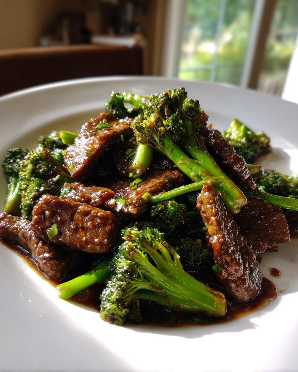 Close-up of tender slices of beef coated in savory sauce next to bright green broccoli florets, featuring Chinese Beef And Broccoli.