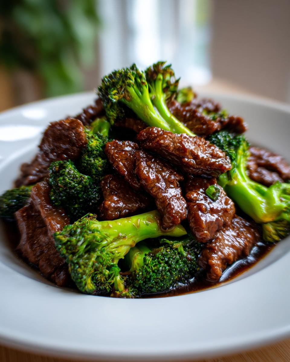 Close-up of tender slices of beef coated in a rich brown sauce mixed with bright green broccoli florets in Chinese Beef And Broccoli.