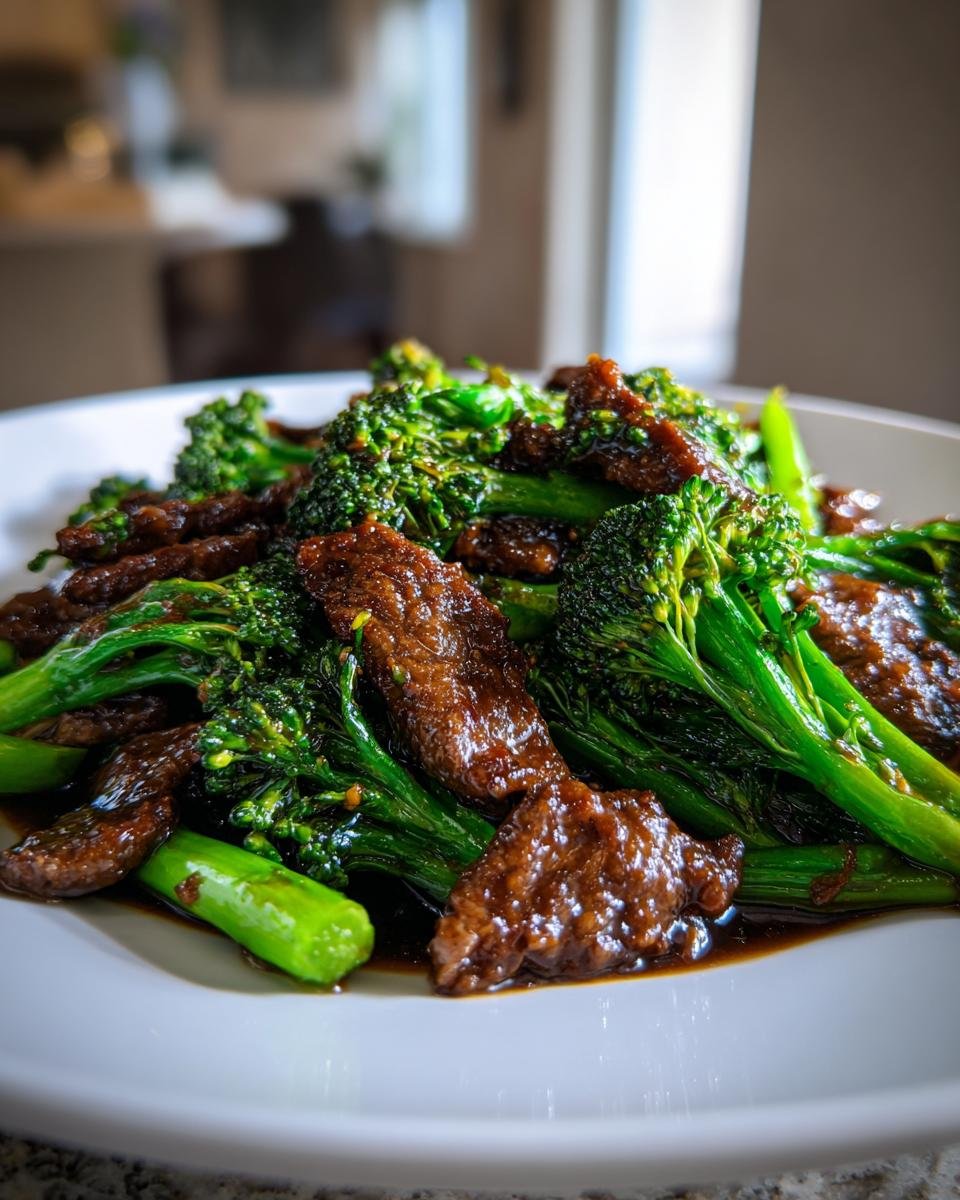 A close-up shot of tender slices of beef coated in a rich sauce mixed with vibrant green broccoli florets, showcasing Chinese Beef And Broccoli.