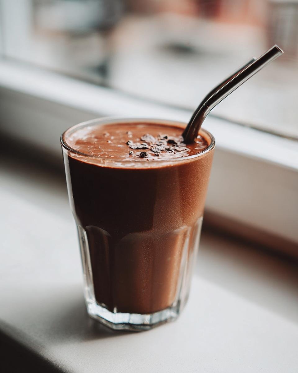 A thick, rich Chocolate Avocado Smoothie topped with chocolate shavings, served in a glass with a metal straw.