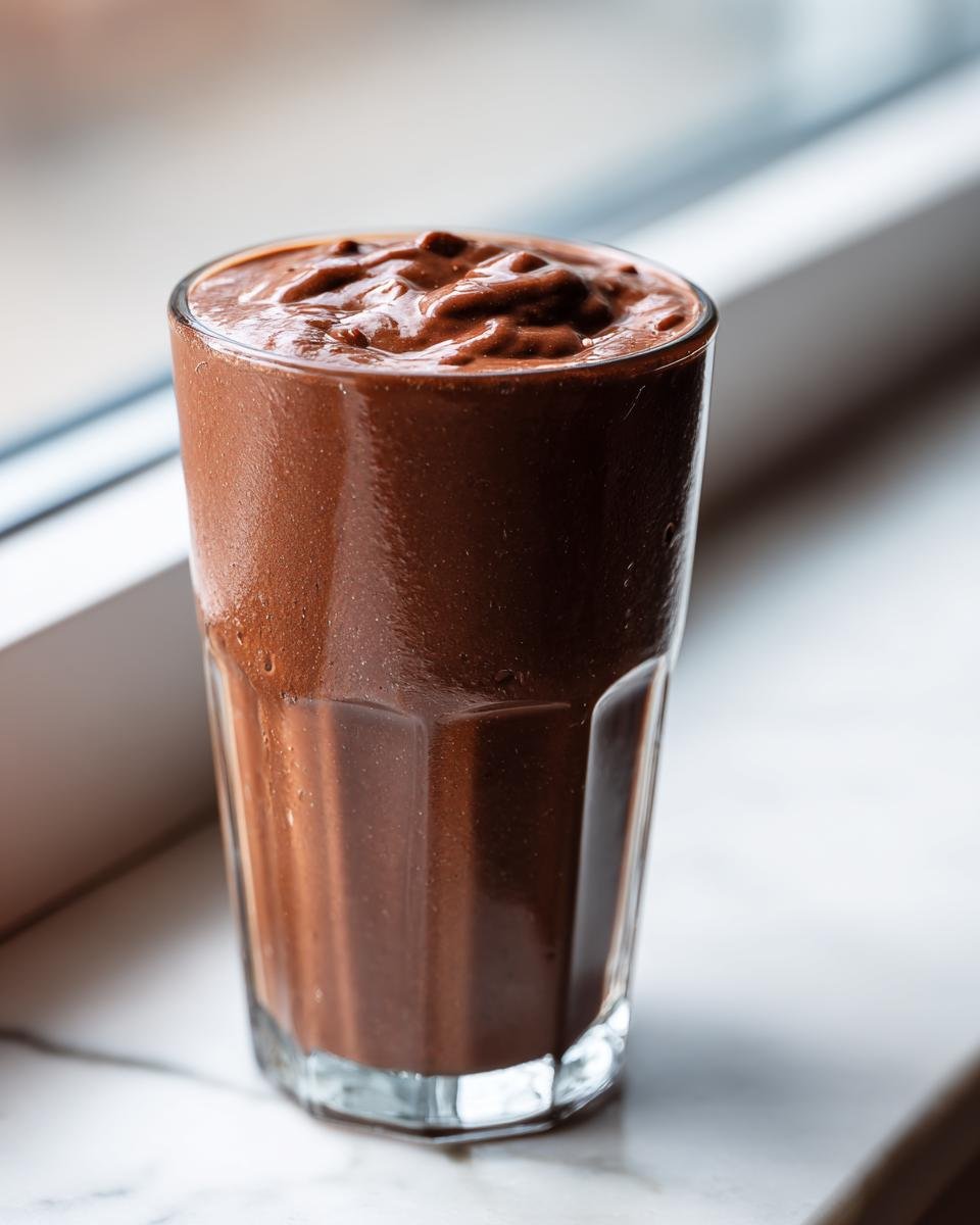 A tall glass filled with a thick, rich Chocolate Avocado Smoothie resting on a white marble surface near a window.