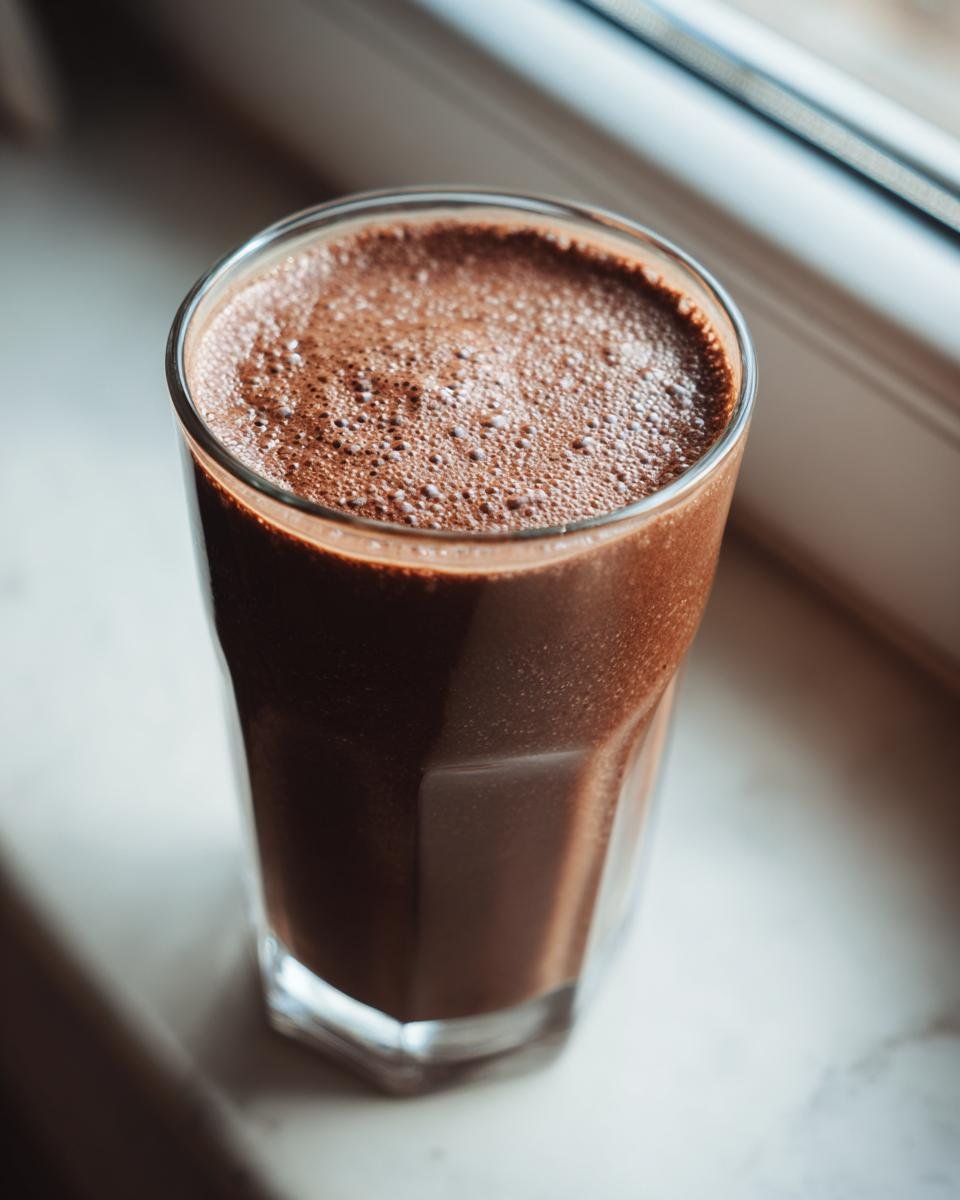 A tall glass filled with a thick, dark brown Chocolate Avocado Smoothie, showing froth on top, set near a window.