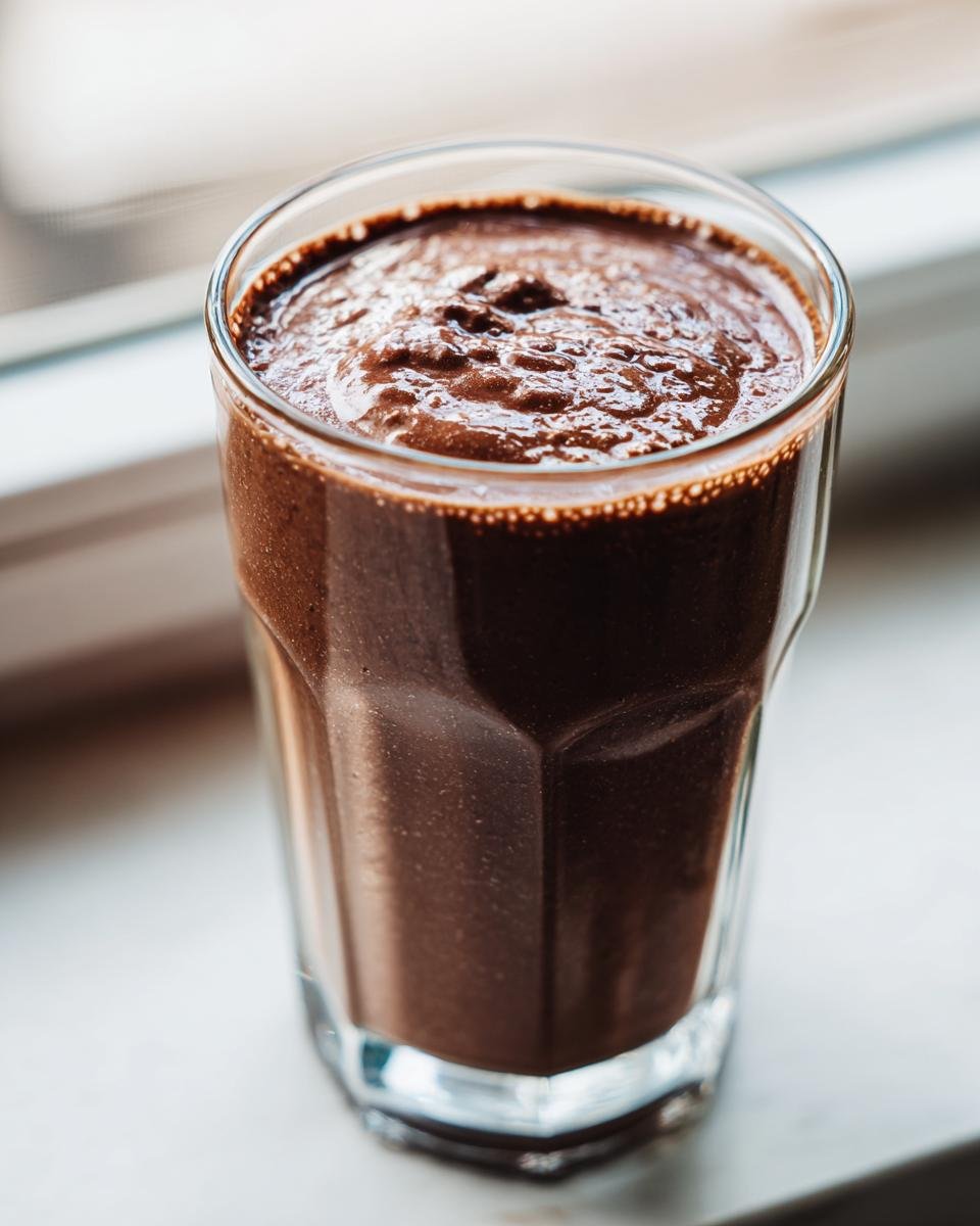 A close-up of a thick, rich Chocolate Avocado Smoothie served in a tall, faceted glass near a window.