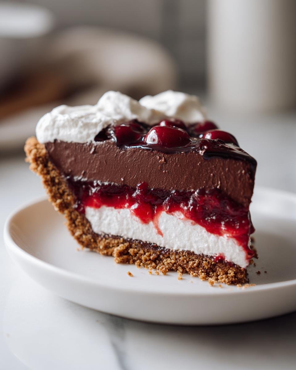A decadent slice of Chocolate Cherry Cream Pie showing graham cracker crust, white filling, chocolate layer, and cherry topping.