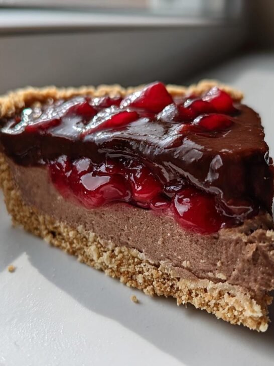 A close-up slice of Chocolate Cherry Cream Pie showing the graham cracker crust, chocolate filling, and cherry topping.