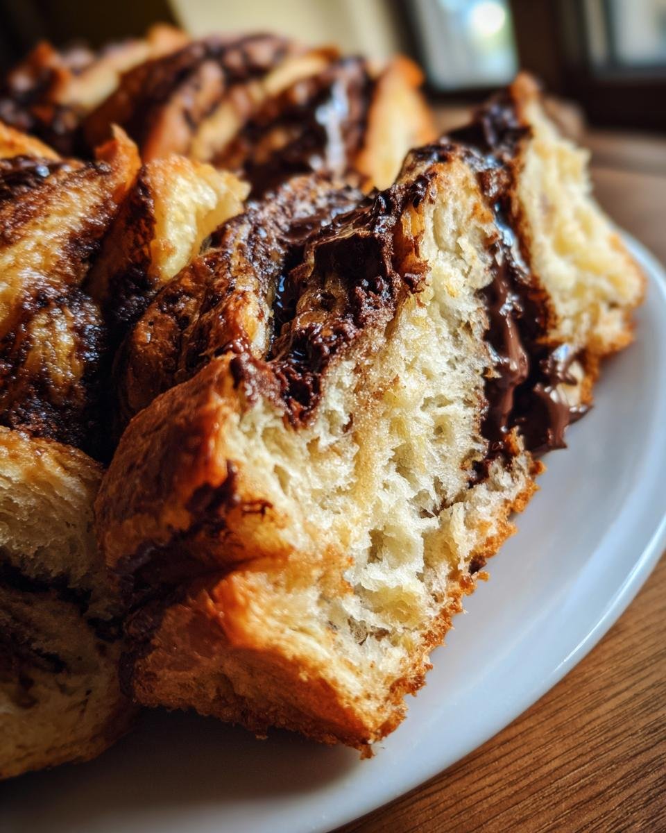 A close-up view of a soft, fluffy slice from the Chocolate Croissant Breakfast Bake, showing melted chocolate filling.