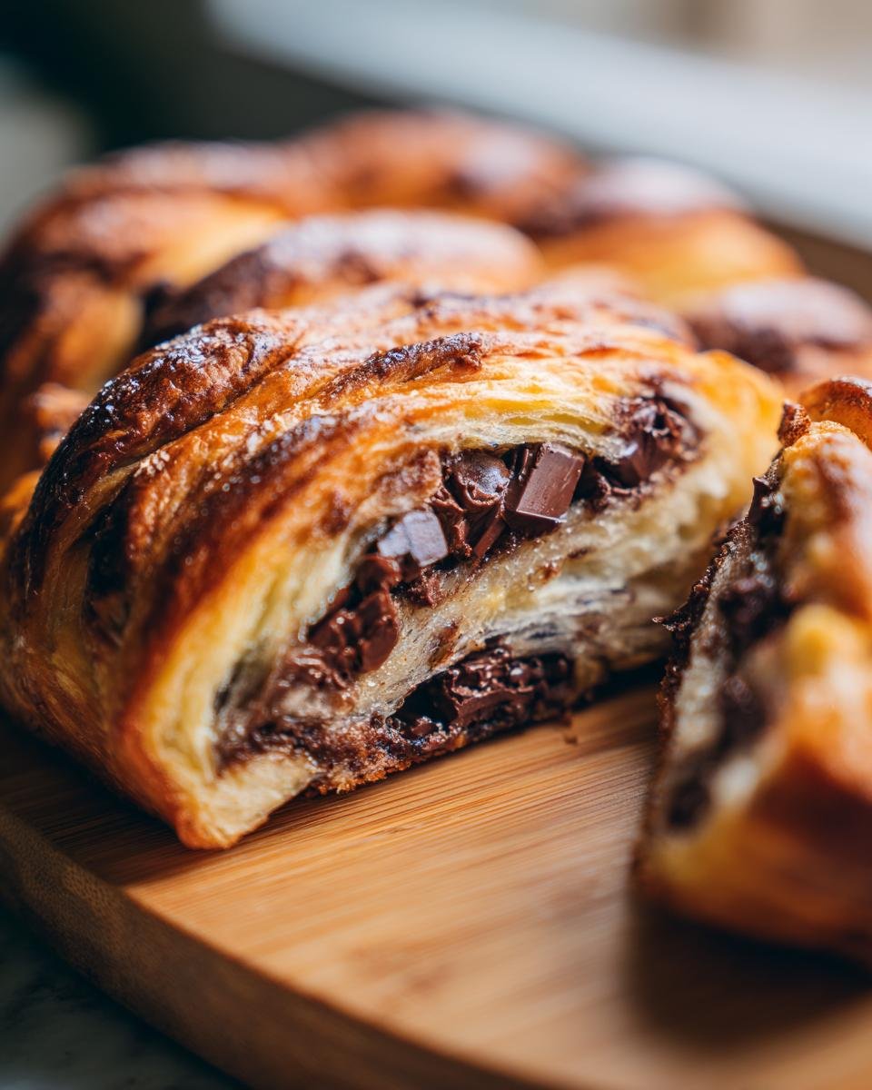 Close-up of a Chocolate Croissant Breakfast Bake slice showing flaky pastry and melted chocolate chunks inside.