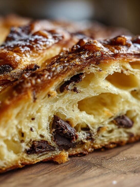 Close-up of the flaky interior of a Chocolate Croissant Breakfast Bake showing layers and melted chocolate chunks.