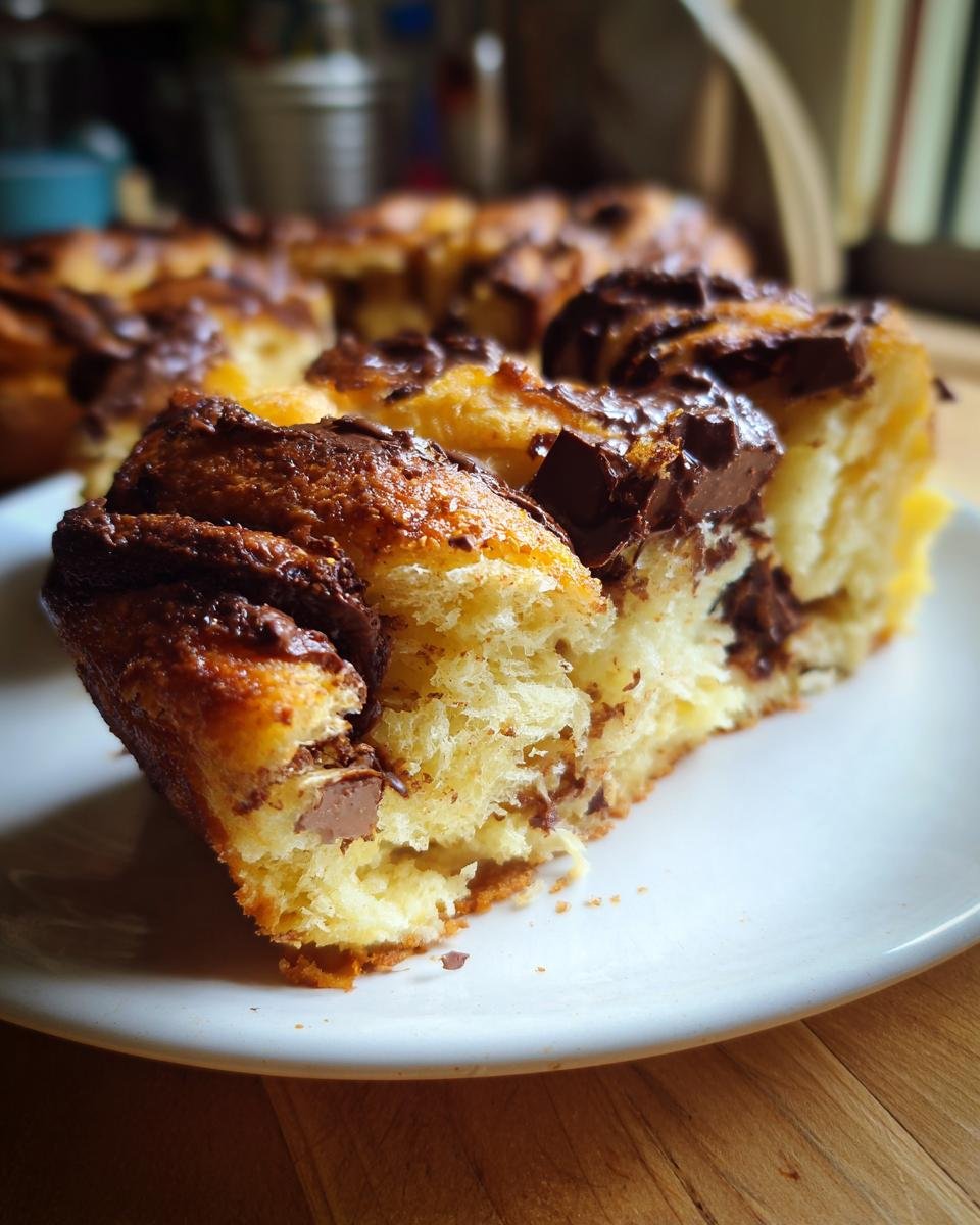Close-up of a fluffy slice of Chocolate Croissant Breakfast Bake with melted chocolate chunks.