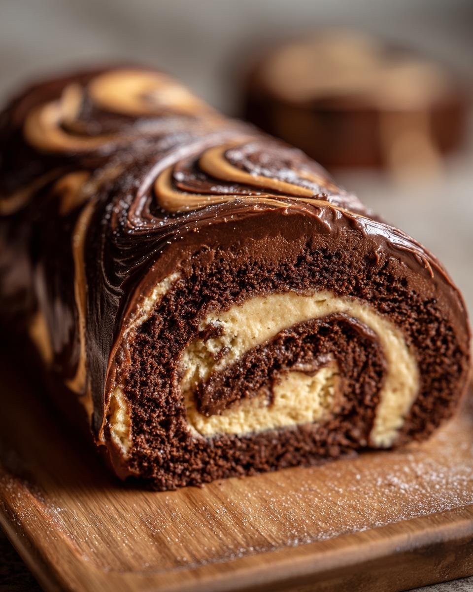 A close-up cross-section of a rich Chocolate Peanut Butter Cake Roll showing the dark chocolate sponge and creamy peanut butter filling swirl.