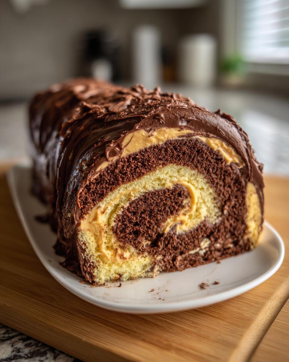 A close-up of a sliced Chocolate Peanut Butter Cake Roll showing the swirl of chocolate and yellow cake with peanut butter filling.