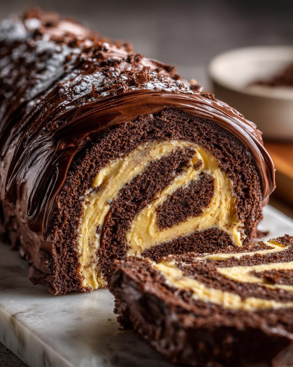 A rich slice cut from a Chocolate Peanut Butter Cake Roll showing the dark chocolate sponge and creamy peanut butter swirl filling.