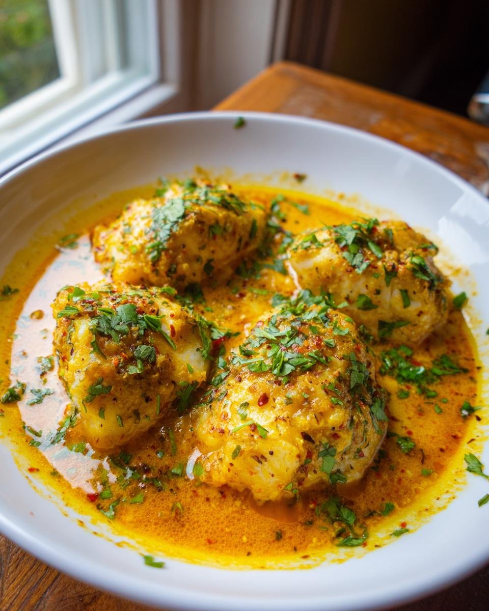 Four pieces of Christmas Coconut Curry Baked Cod served in a white bowl with a rich, yellow-orange curry sauce and fresh parsley.