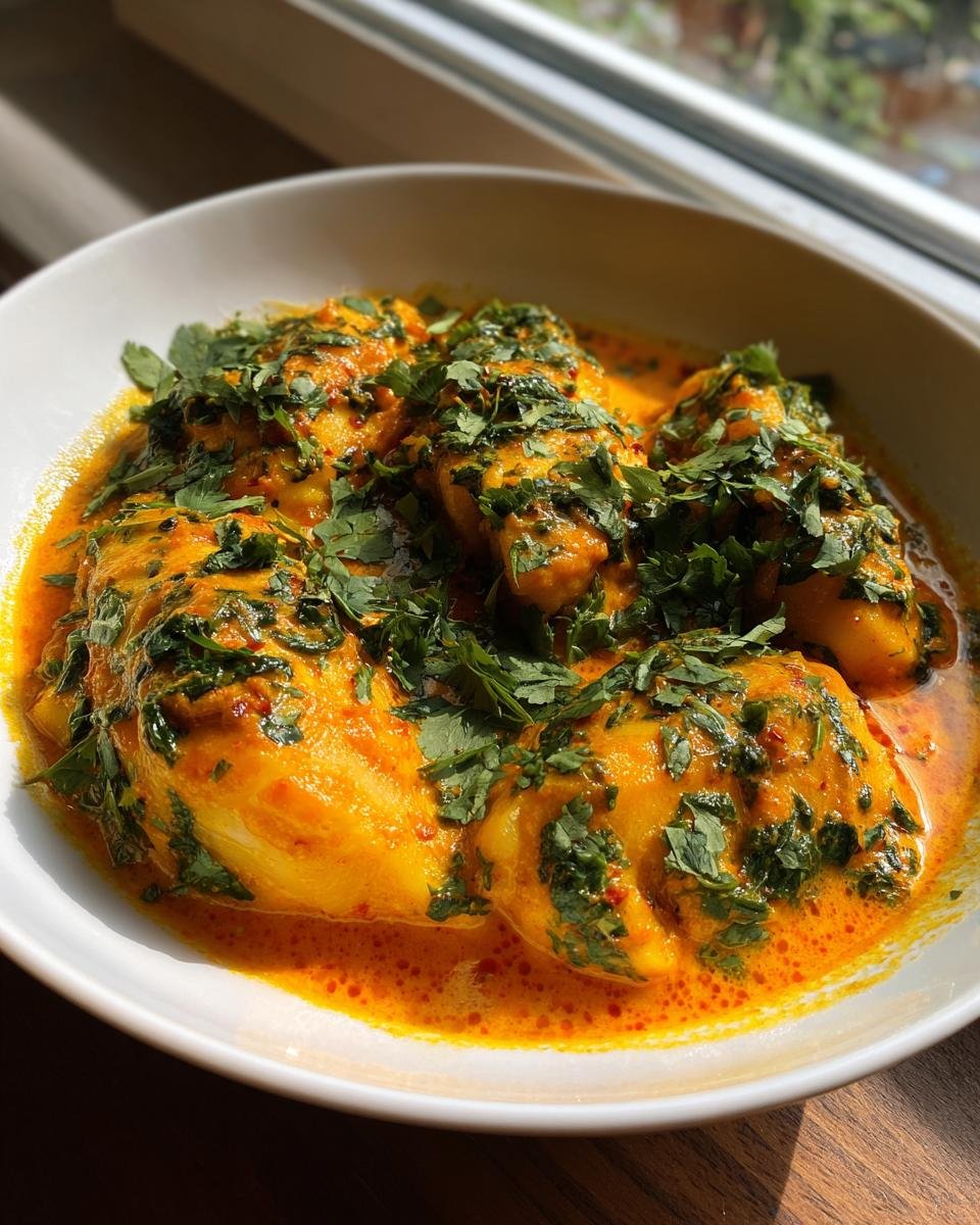 Close-up of Christmas Coconut Curry Baked Cod fillets covered in rich orange sauce and fresh cilantro.