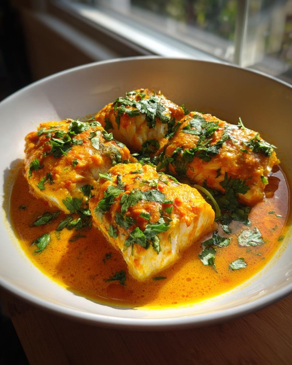 Four portions of Christmas Coconut Curry Baked Cod served in a rich, orange curry sauce and topped with fresh cilantro.