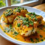 Four pieces of flaky white fish served in a rich, orange Christmas Coconut Curry Baked Cod sauce, topped with fresh cilantro.