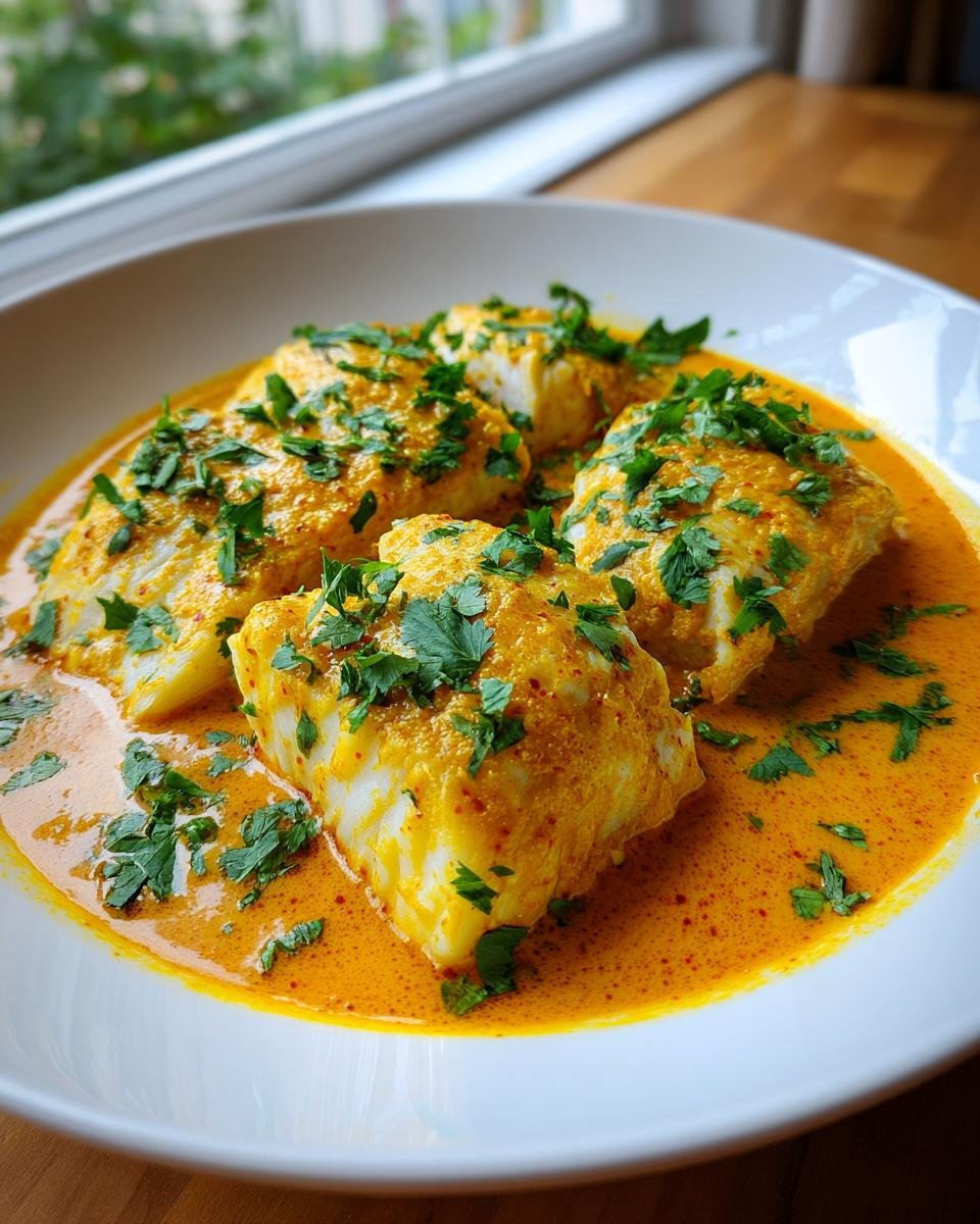 Four pieces of flaky white cod smothered in a vibrant yellow Christmas Coconut Curry Baked Cod sauce, topped with fresh parsley.