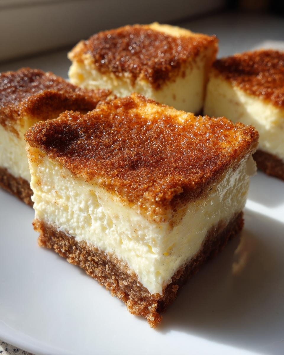 Close-up of rich Churro Cheesecake bars showing a thick, creamy layer and a dark, cinnamon-sugar topping.
