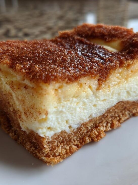 Close-up of a rich slice of Churro Cheesecake showing a graham cracker crust, creamy filling, and cinnamon sugar top.