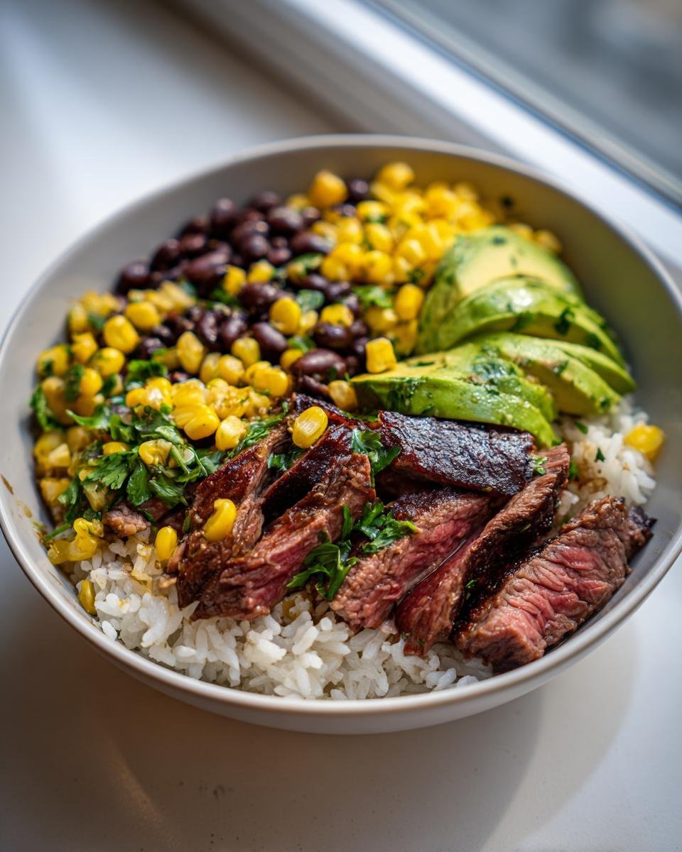 Close-up of a Cilantro Lime Steak Bowls featuring sliced steak over rice, topped with corn, black beans, and avocado slices.