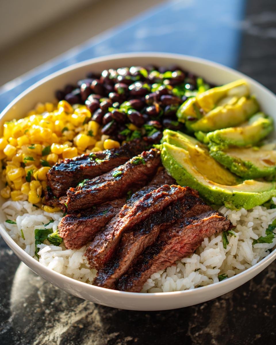 A close-up of a Cilantro Lime Steak Bowls featuring sliced steak over rice, black beans, corn, and avocado.