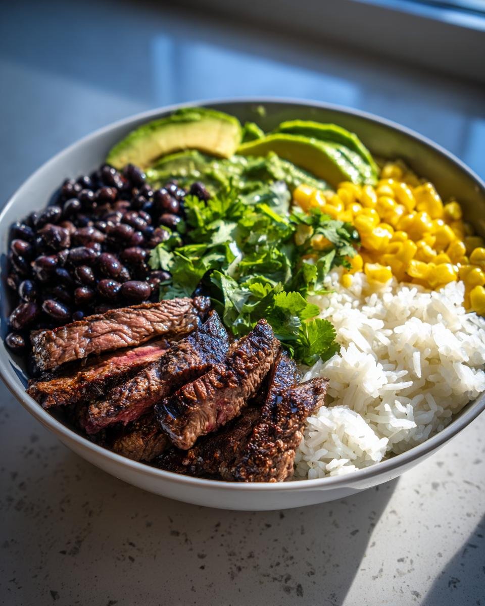 A close-up of a Cilantro Lime Steak Bowls featuring sliced steak, white rice, black beans, corn, cilantro, and avocado.