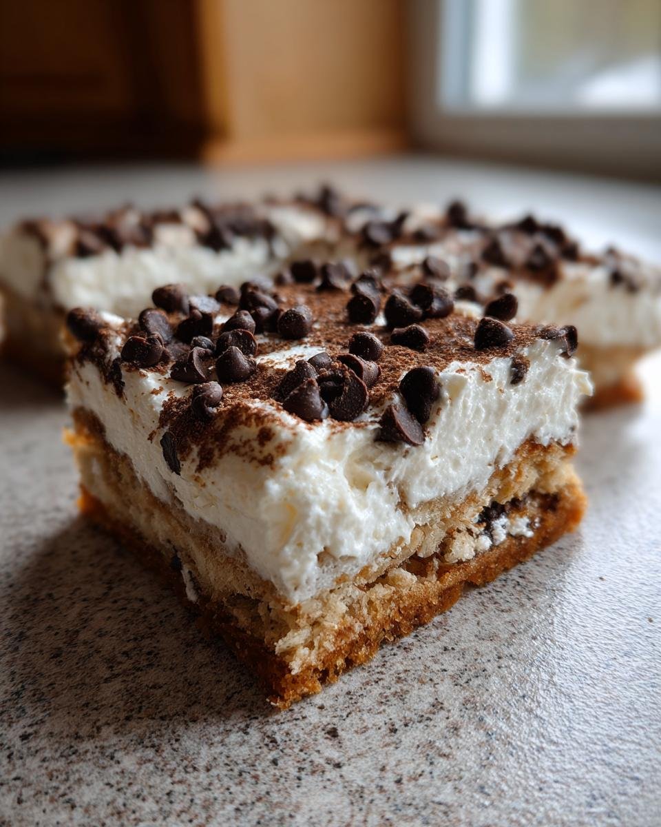 Close-up of a layered Classic Cannoli Squares dessert topped with white cream, cocoa powder, and mini chocolate chips.