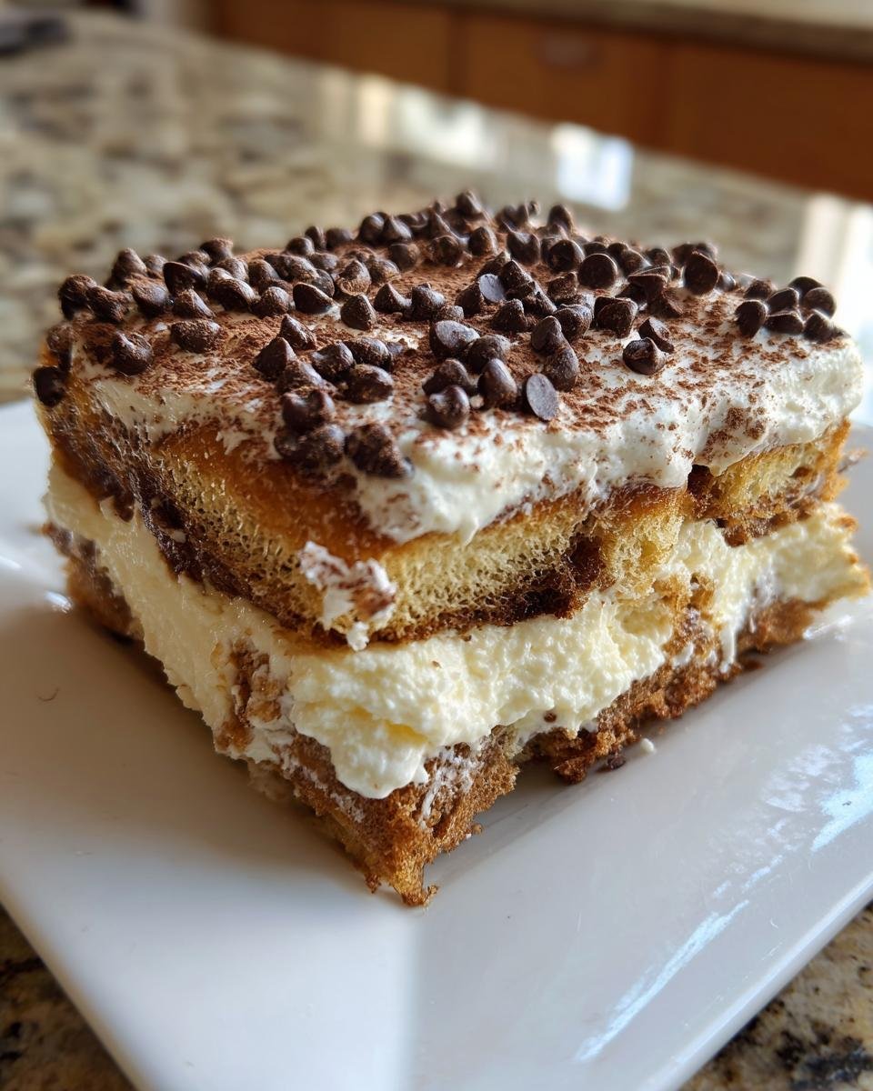 A single serving of Classic Cannoli Squares, layered with cream filling and topped with chocolate chips and cocoa powder.