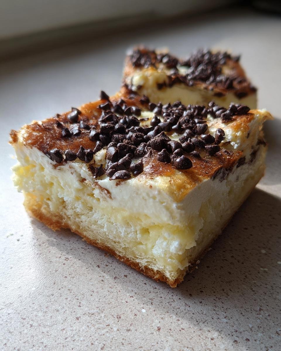 A close-up of a square piece of Classic Cannoli Squares showing the creamy filling and chocolate chip topping.