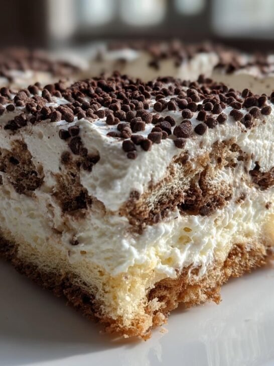 A square slice of Classic Cannoli Squares featuring layers of cream, cake, and chocolate sprinkles on top.