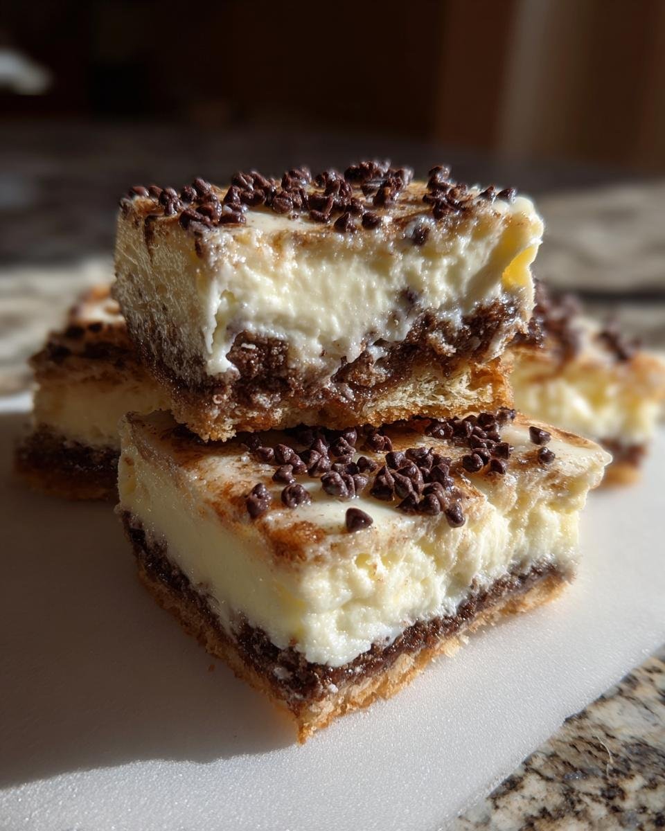 Two stacked squares of Classic Cannoli Squares showing the creamy filling and chocolate chip topping.