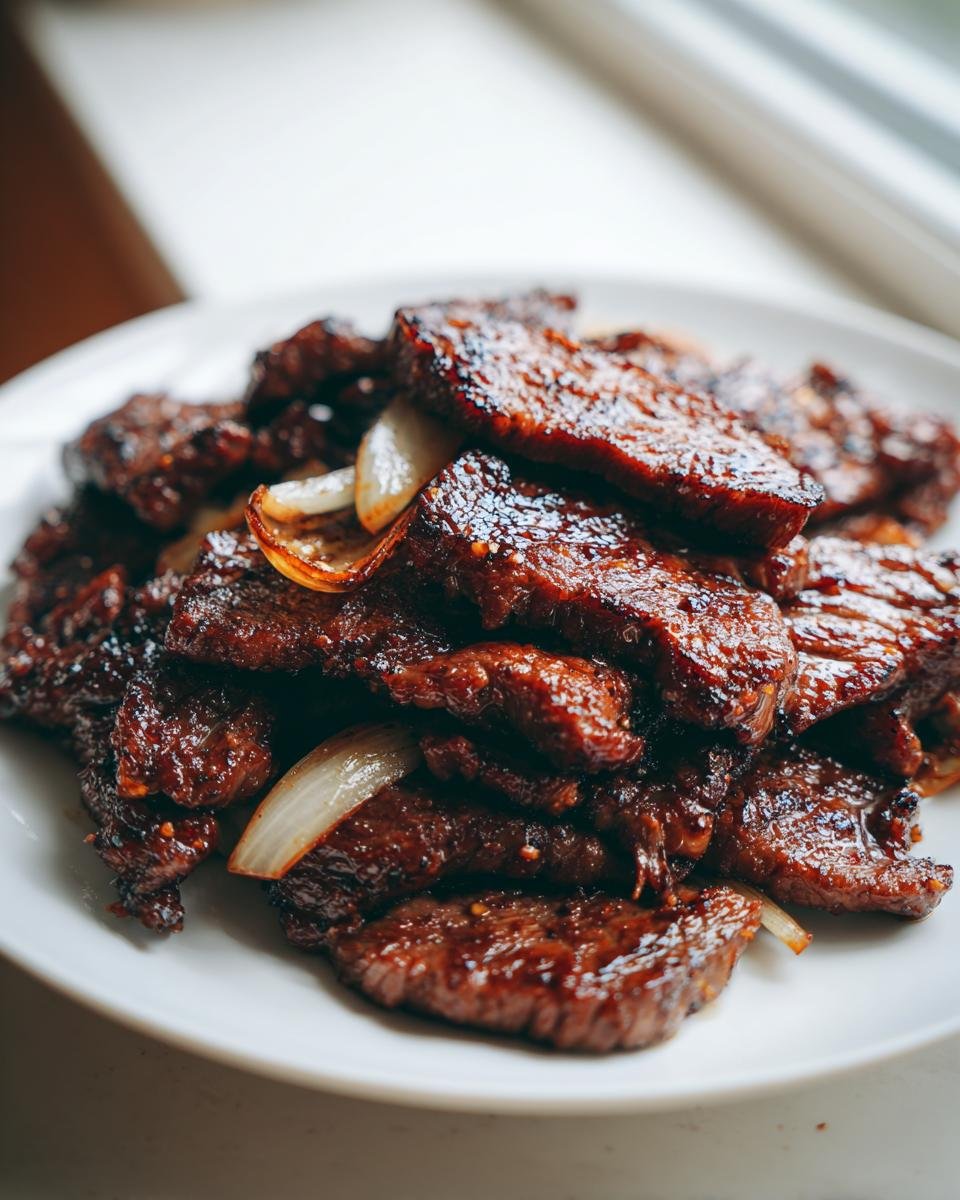 A close-up of thinly sliced, caramelized Bulgogi beef mixed with saut&eacute;ed white onion slices on a white plate.