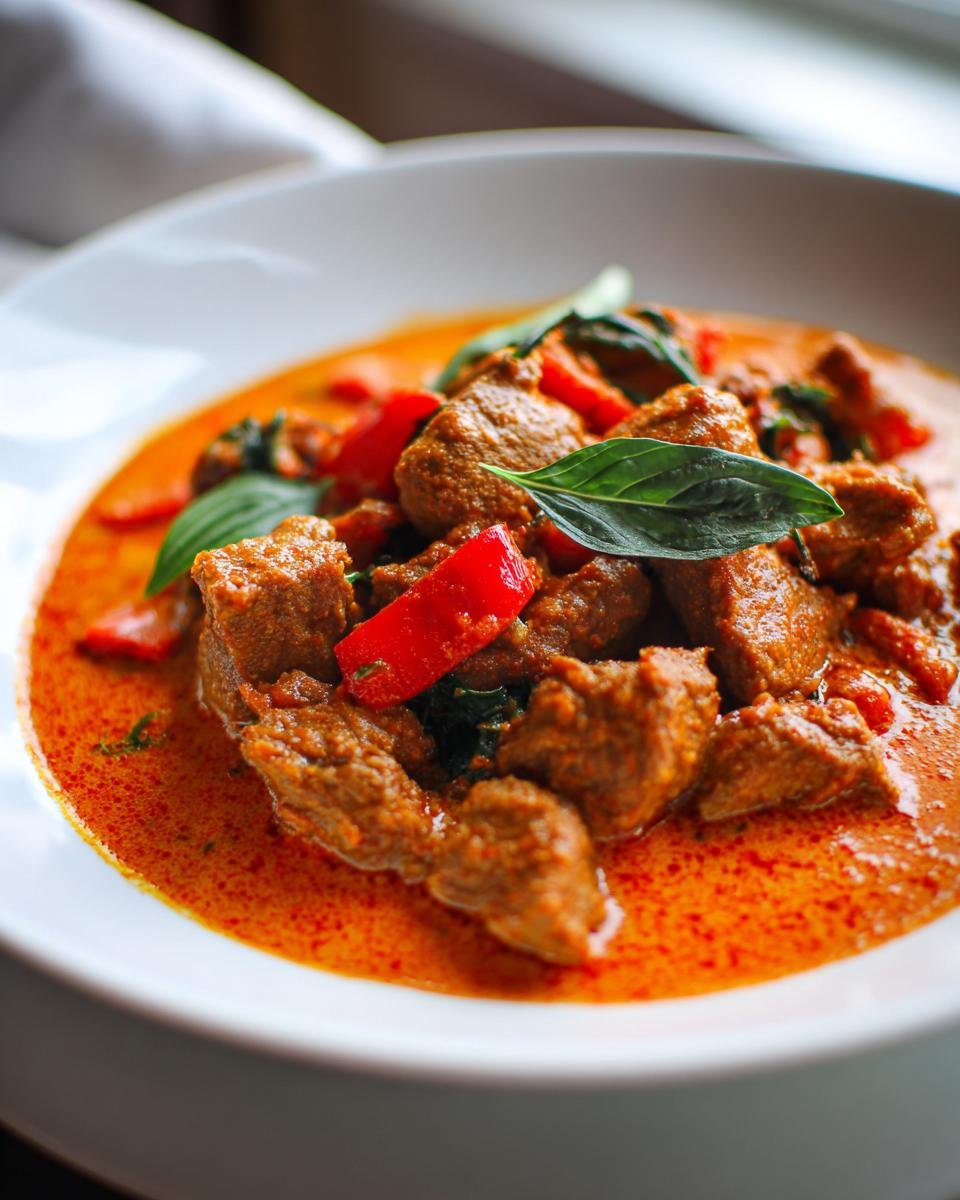 Close-up of tender beef chunks in vibrant Coconut Red Curry Drip Beef sauce, garnished with red peppers and basil.