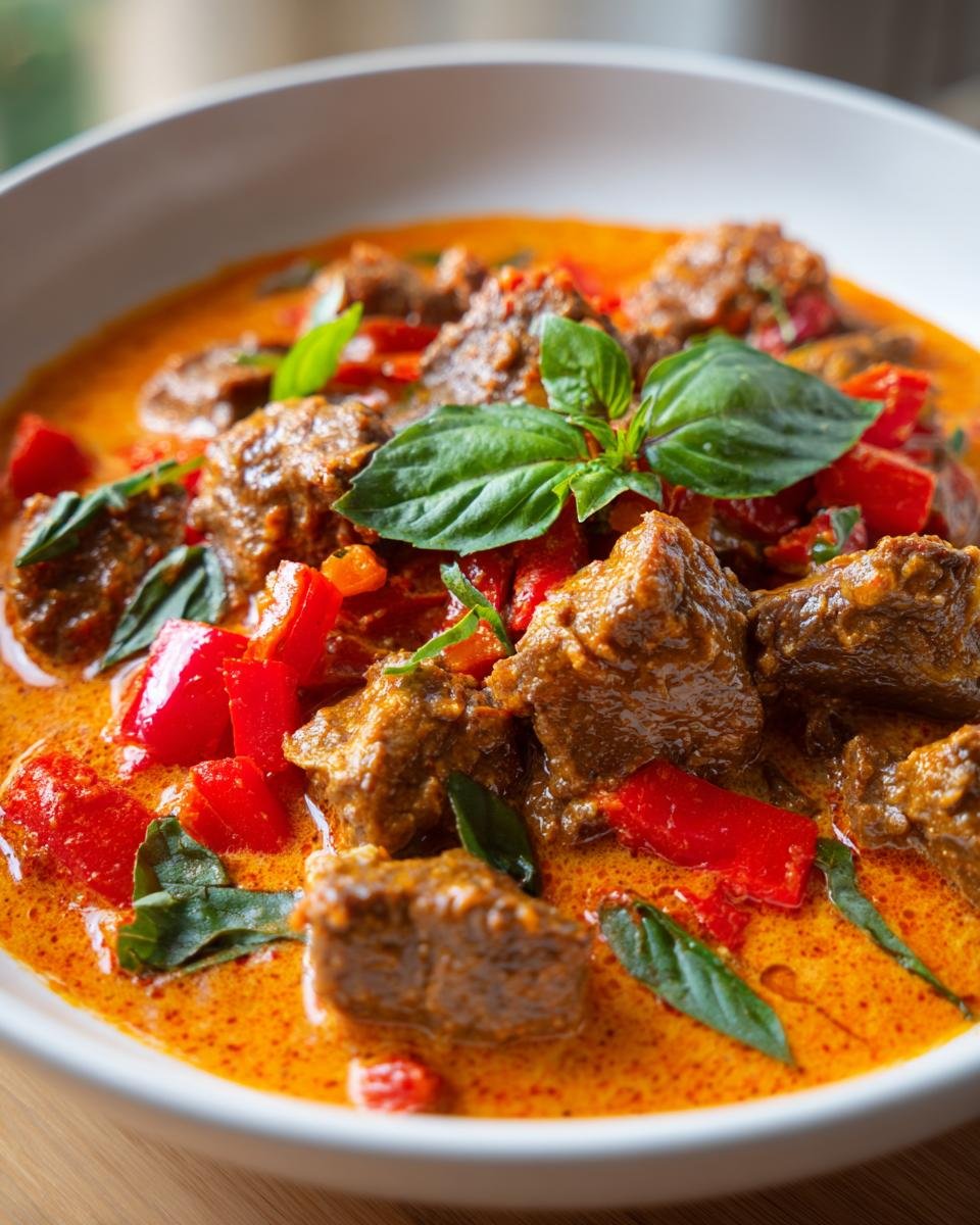 Close-up of tender chunks of Coconut Red Curry Drip Beef swimming in rich orange sauce, garnished with red peppers and basil.