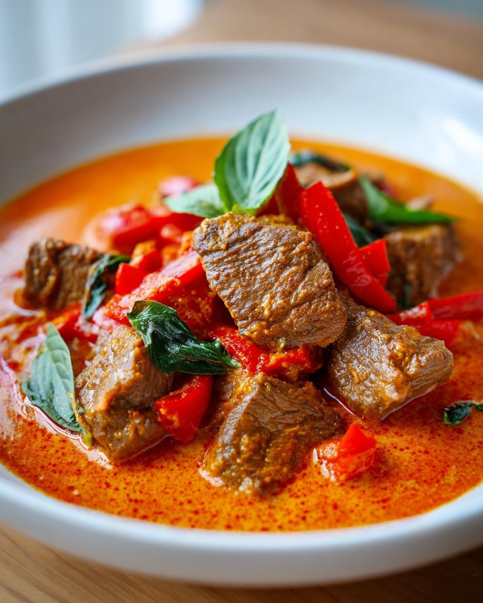 Close-up of tender chunks of Coconut Red Curry Drip Beef swimming in vibrant orange-red sauce, garnished with red peppers and basil.