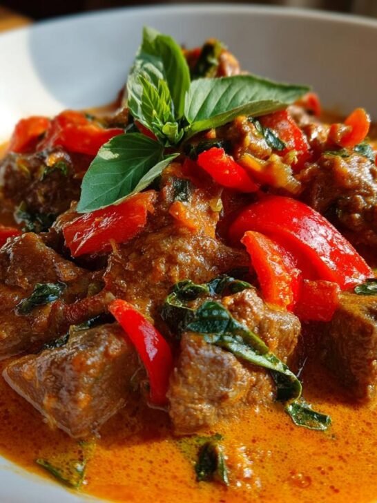 Close-up of tender beef chunks in vibrant Coconut Red Curry Drip Beef sauce, garnished with red peppers and basil.