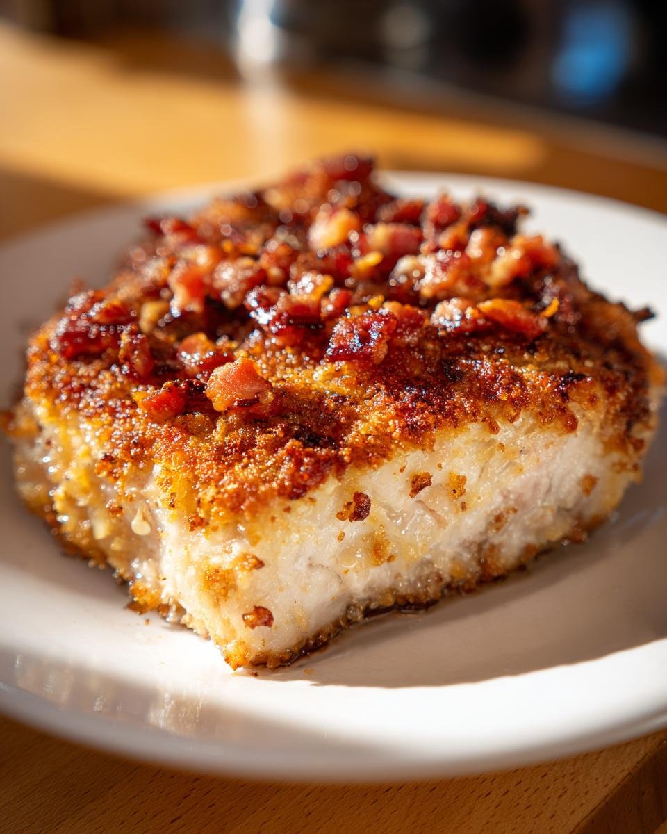 Close-up of a thick, breaded Country Fried Pork Chop Bacon, topped with crispy bacon bits, served on a white plate.