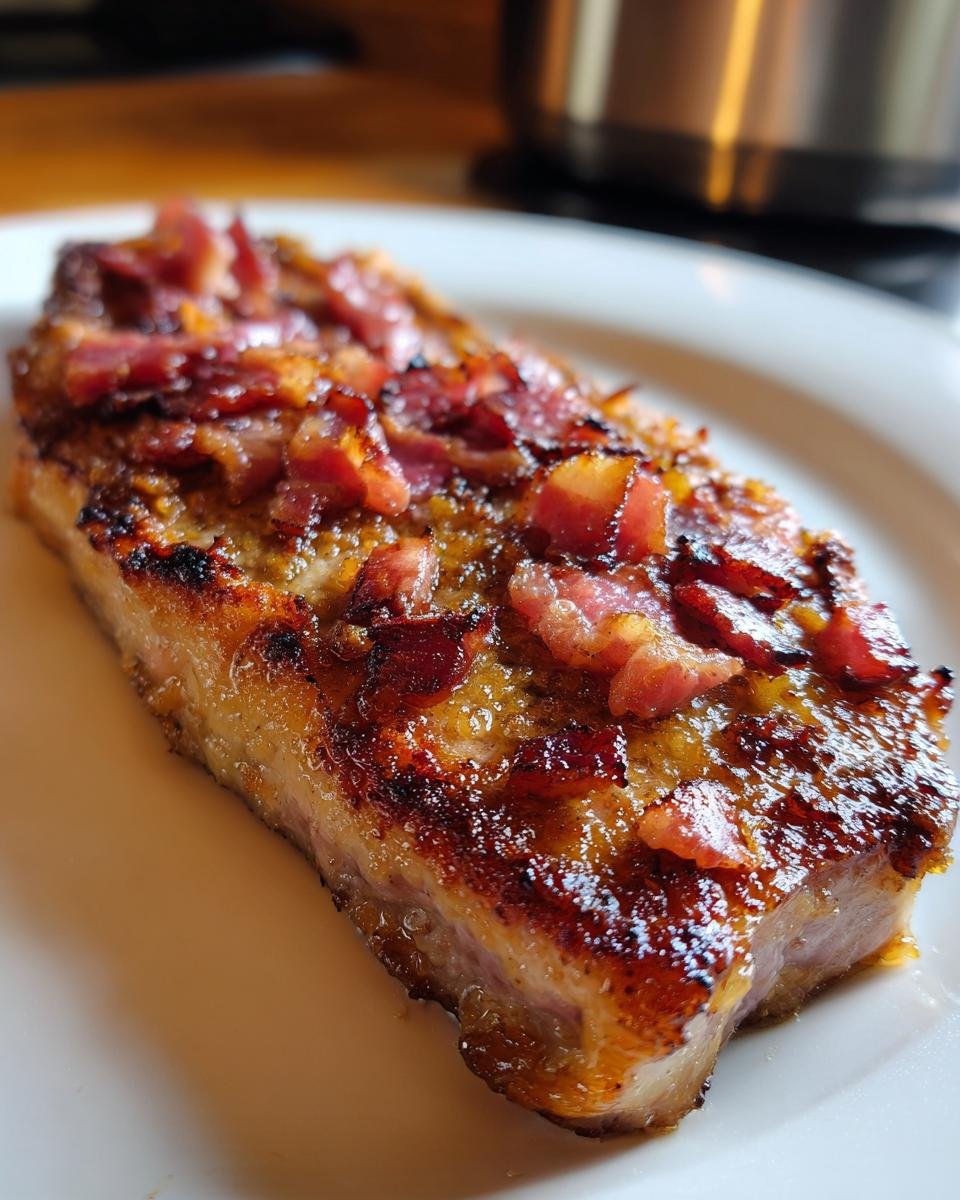 Close-up of a perfectly cooked Country Fried Pork Chops Bacon, richly browned and topped with crispy bacon bits.